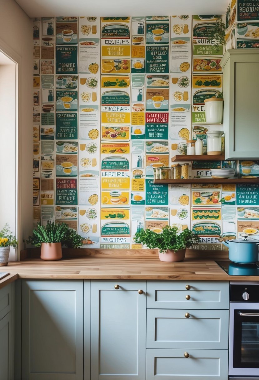 A kitchen wall covered in colorful wallpaper featuring various beloved recipes, from family favorites to traditional dishes, creating a warm and inviting atmosphere