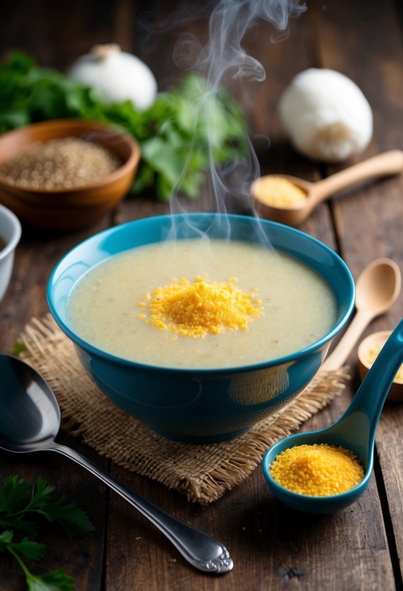 A steaming bowl of potato soup topped with nutritional yeast sits on a rustic wooden table, surrounded by fresh ingredients and a ladle