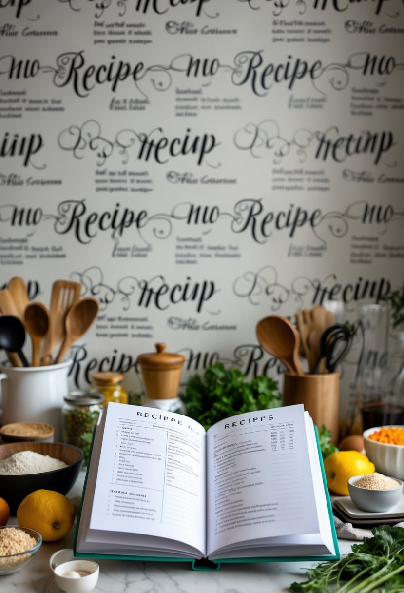 A kitchen scene with a recipe book open, surrounded by various ingredients, utensils, and a decorative wallpaper with unique script fonts for recipes