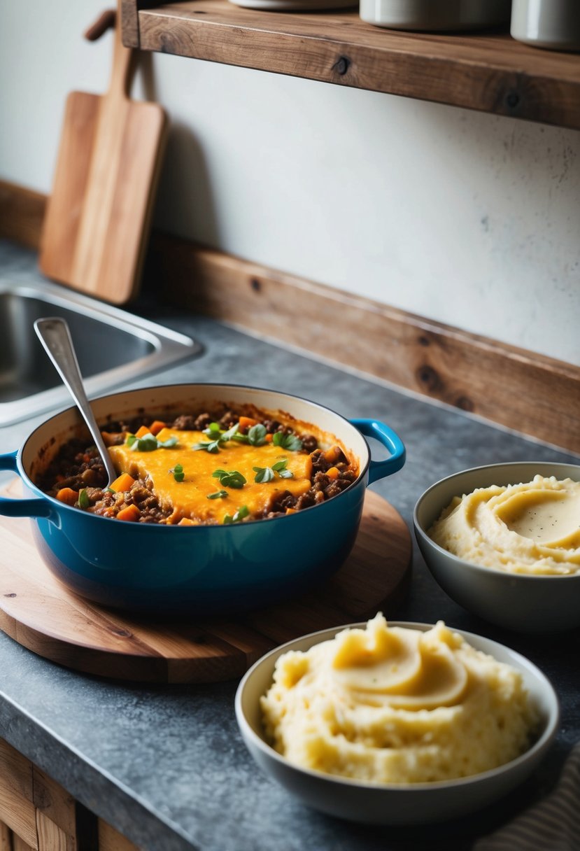 A rustic kitchen counter with a bubbling pot of vegan shepherd's pie filling and a bowl of creamy mashed potatoes