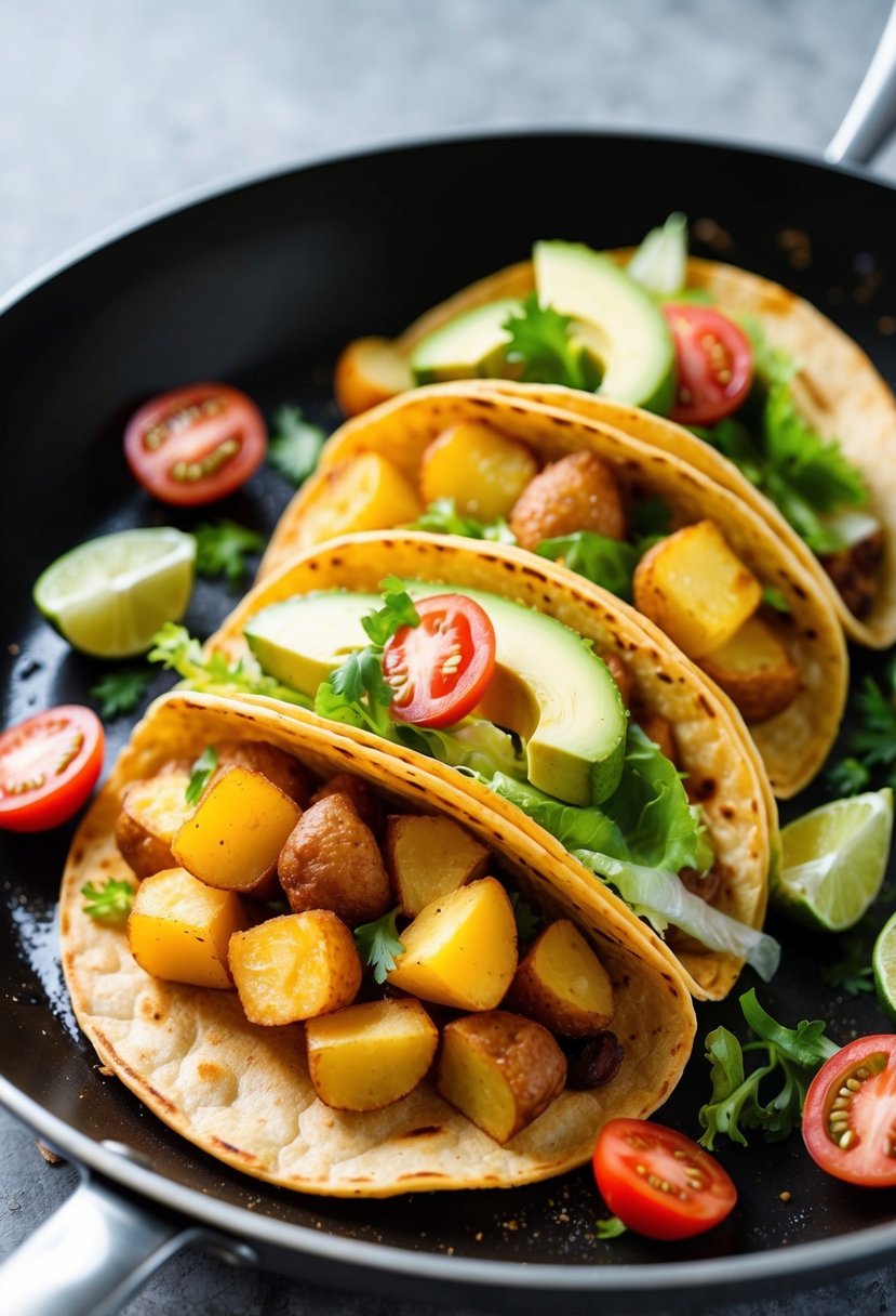 Golden potato tacos sizzling in a pan, topped with fresh lettuce, tomatoes, and avocado