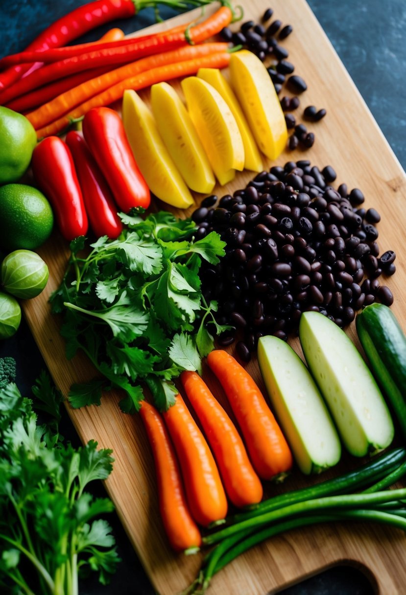 A colorful array of fresh vegetables and black beans arranged on a wooden cutting board