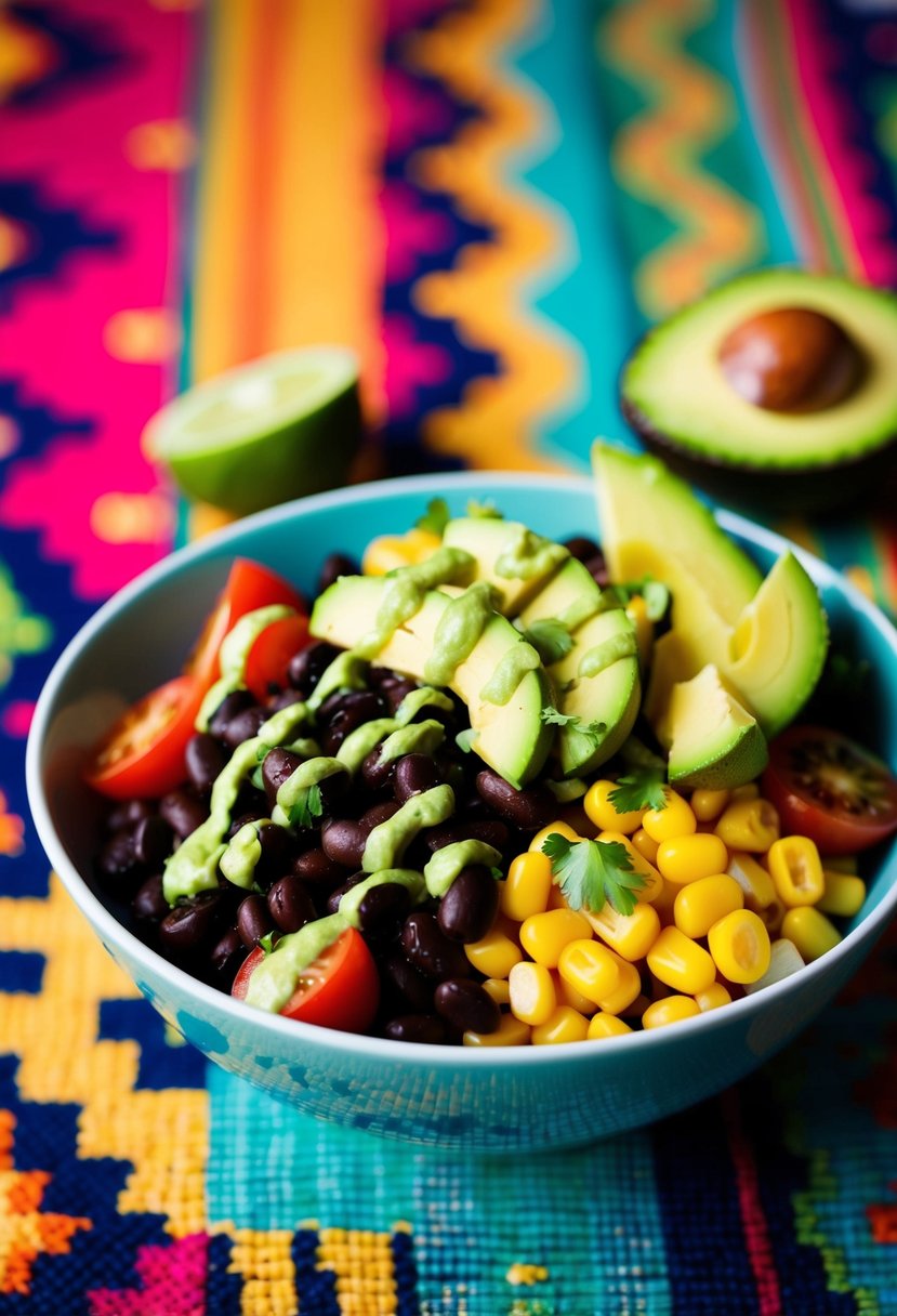 A colorful bowl filled with black beans, corn, tomatoes, and avocado, drizzled with a zesty lime dressing, set against a backdrop of vibrant Southwestern-inspired patterns