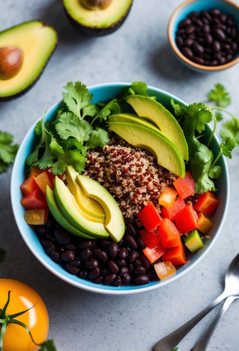 A colorful bowl filled with cooked quinoa, black beans, diced tomatoes, avocado slices, and fresh cilantro, all arranged in an appetizing and healthy presentation