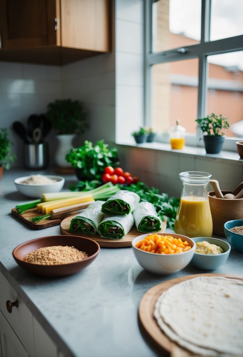 A kitchen counter with various ingredients and utensils for making wraps