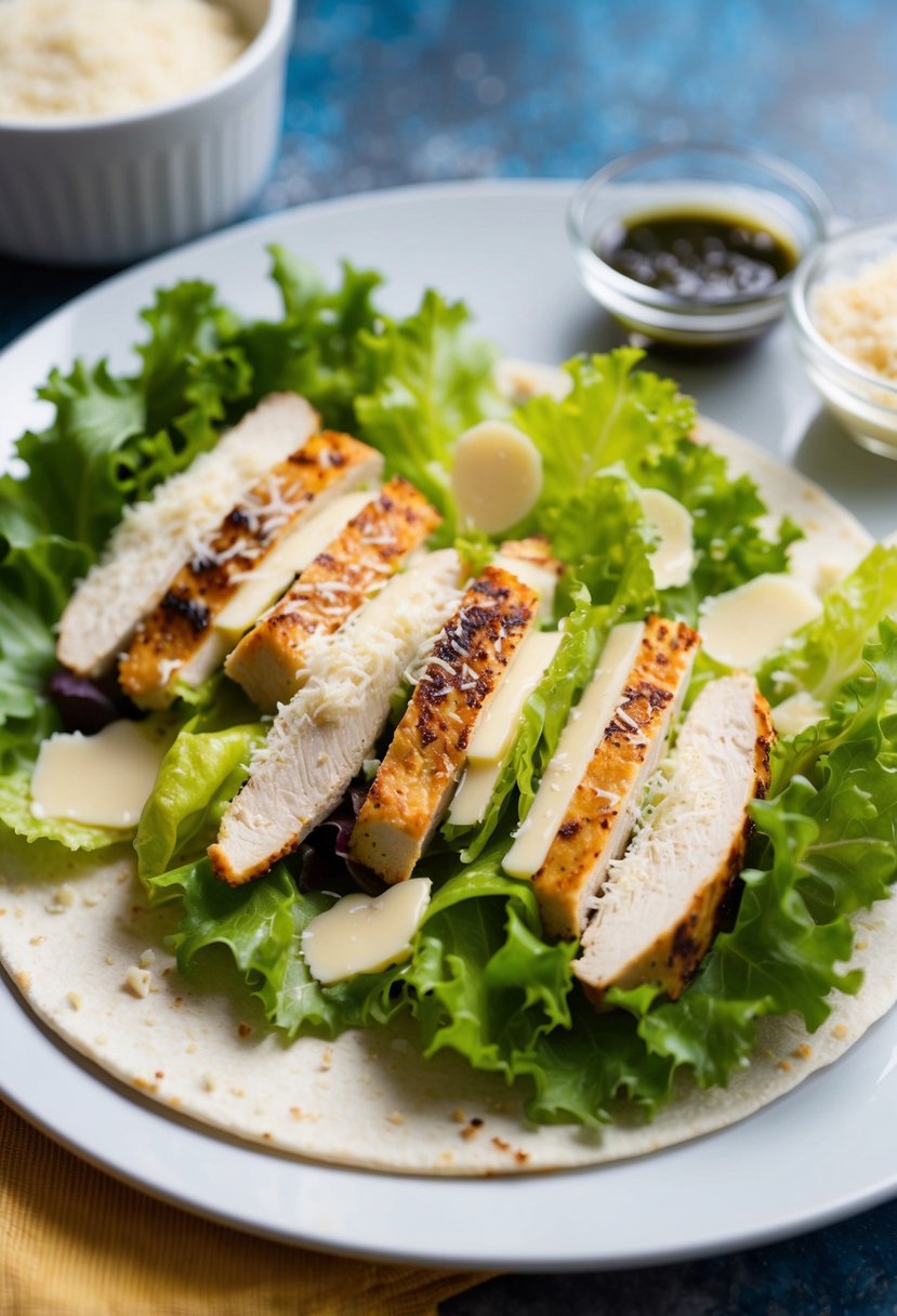 A colorful array of fresh lettuce, grilled chicken, parmesan cheese, and Caesar dressing arranged on a soft tortilla, ready to be wrapped into a delicious chicken Caesar salad wrap