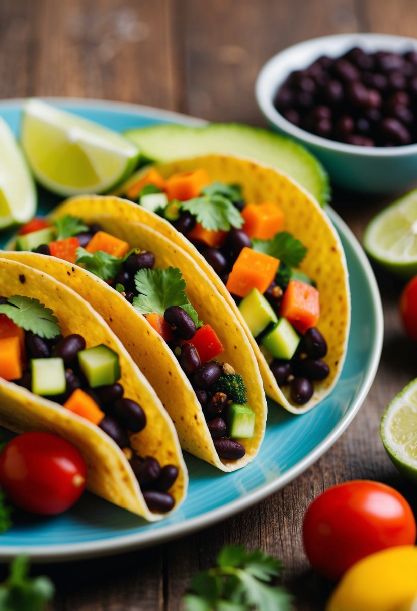 A colorful array of fresh vegetables and spiced black beans filling soft taco shells