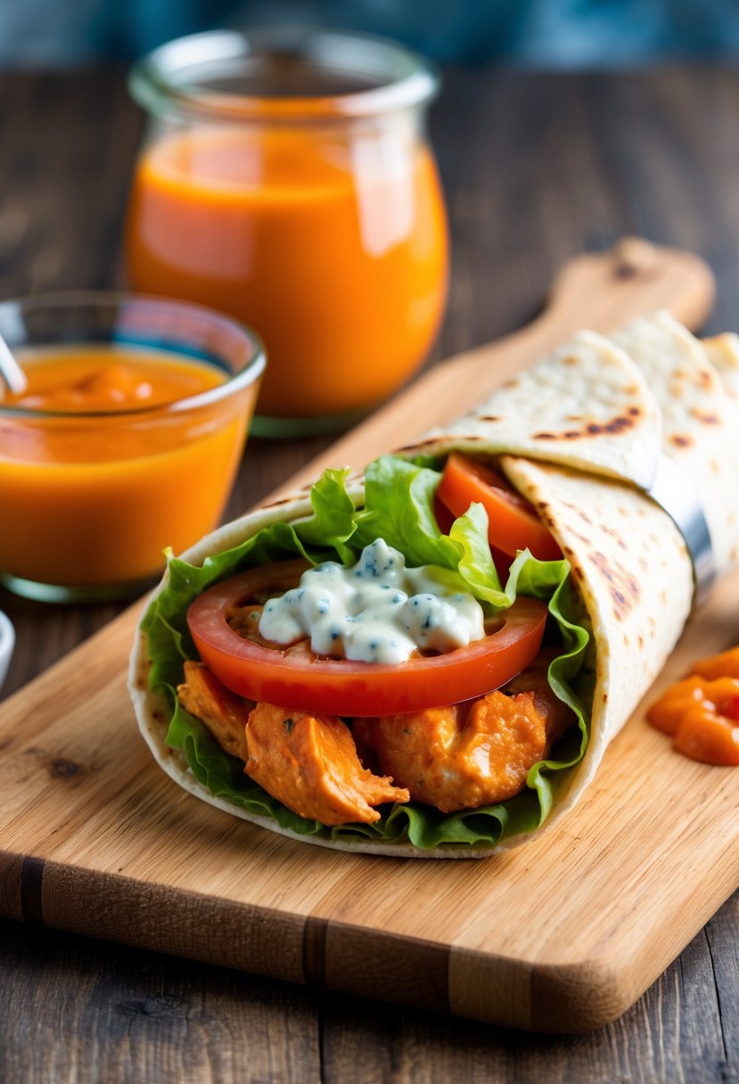 A buffalo chicken wrap with lettuce, tomato, and blue cheese dressing, served on a wooden cutting board with a side of hot sauce