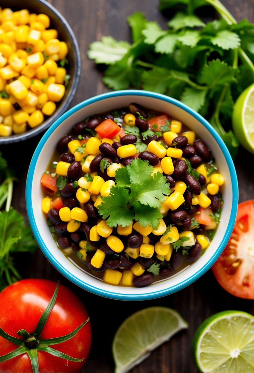 A colorful bowl of black bean and corn salsa surrounded by fresh ingredients like tomatoes, cilantro, and lime