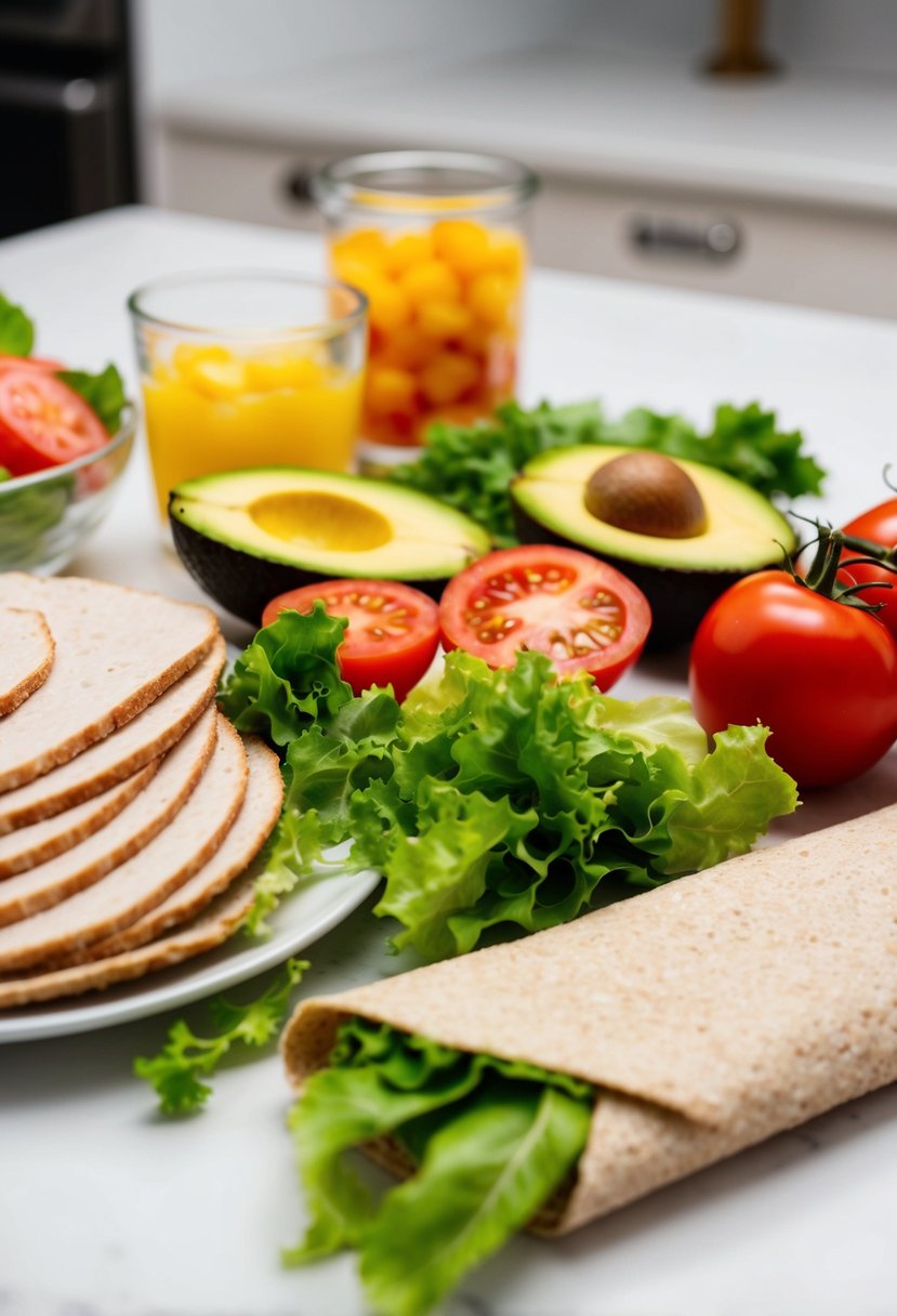 A colorful array of fresh ingredients, including sliced turkey, avocado, lettuce, and tomatoes, arranged on a clean countertop alongside a whole wheat wrap