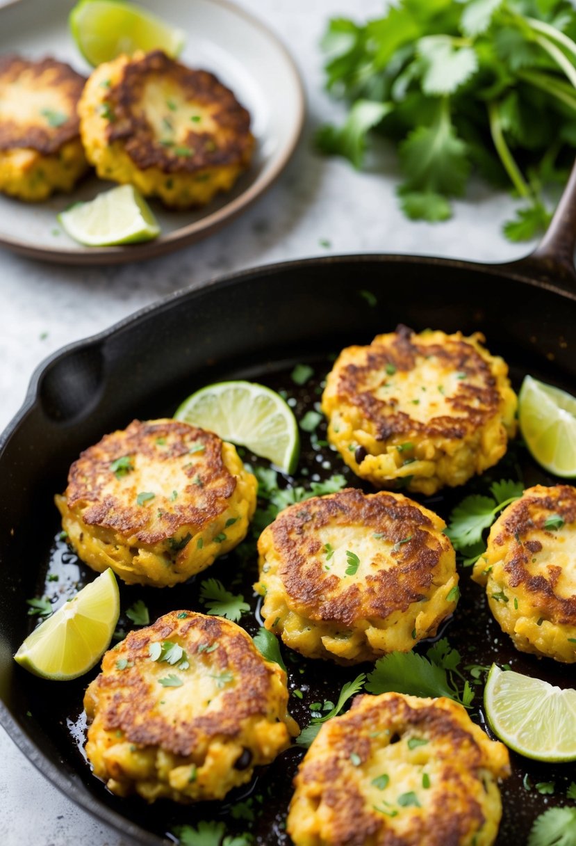 A sizzling skillet of golden-brown black bean fritters surrounded by fresh cilantro and lime wedges