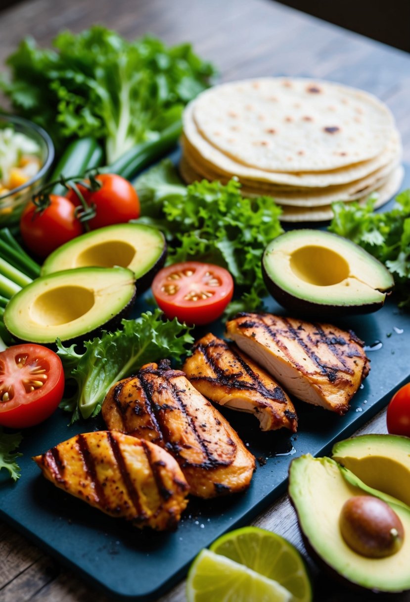 A colorful array of fresh vegetables, grilled chicken, and tortillas arranged on a cutting board. Ingredients such as lettuce, tomatoes, and avocado are neatly displayed alongside the chicken