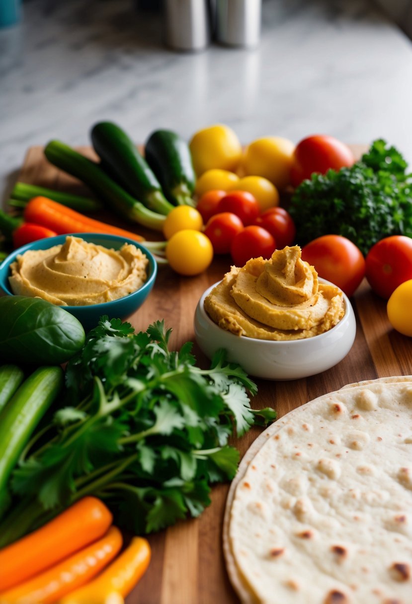 A colorful array of fresh vegetables, a dollop of creamy hummus, and a soft tortilla wrap laid out on a wooden cutting board