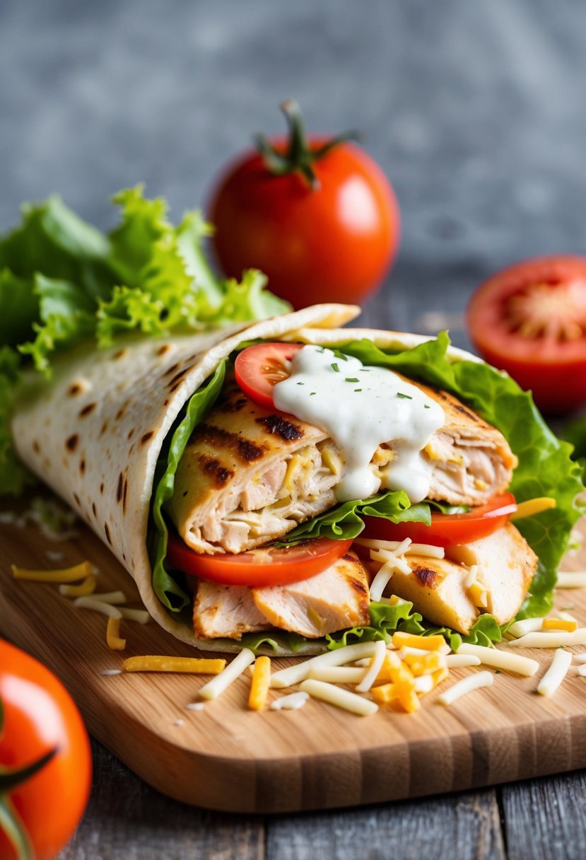 A grilled chicken wrap with ranch dressing, surrounded by fresh lettuce, tomatoes, and a sprinkle of shredded cheese on a wooden cutting board