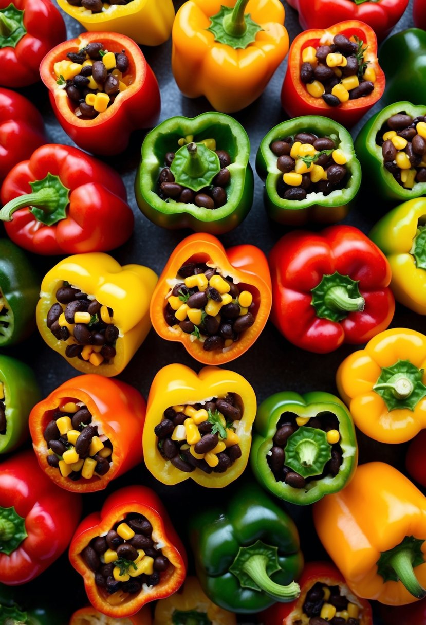 A colorful array of bell peppers, each sliced in half and filled with a savory mixture of black beans, corn, and spices