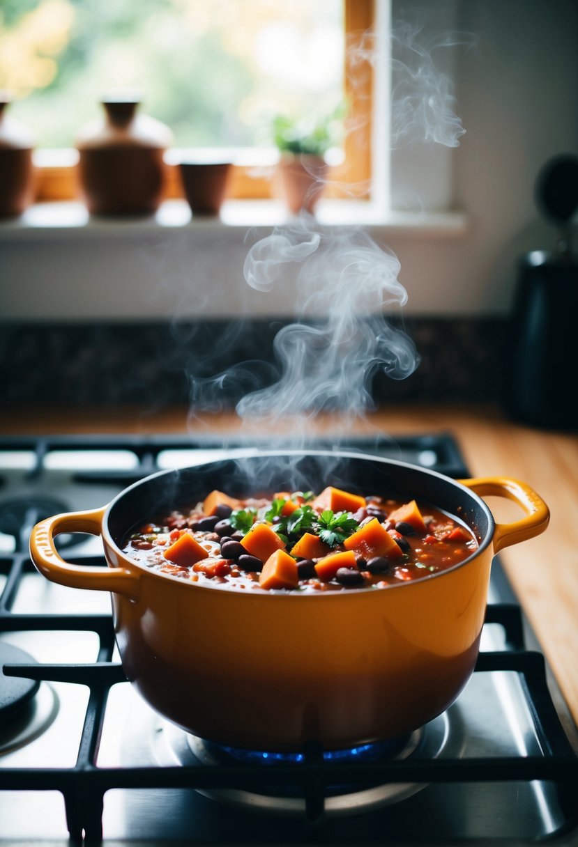 A pot of black bean and sweet potato chili simmering on a stovetop, steam rising and filling the kitchen with rich, savory aromas