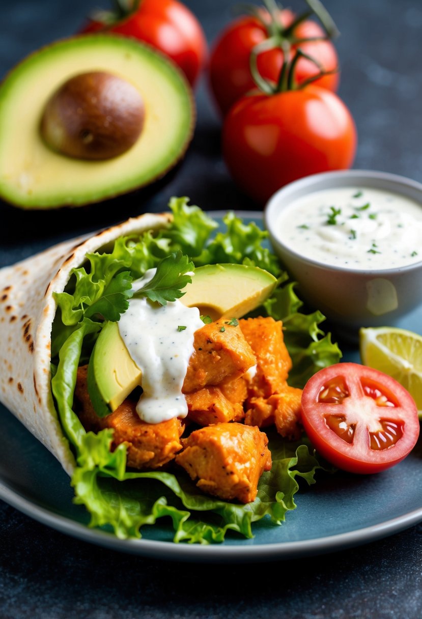 A sizzling buffalo chicken and avocado wrap, surrounded by fresh lettuce, tomatoes, and a side of creamy ranch dressing