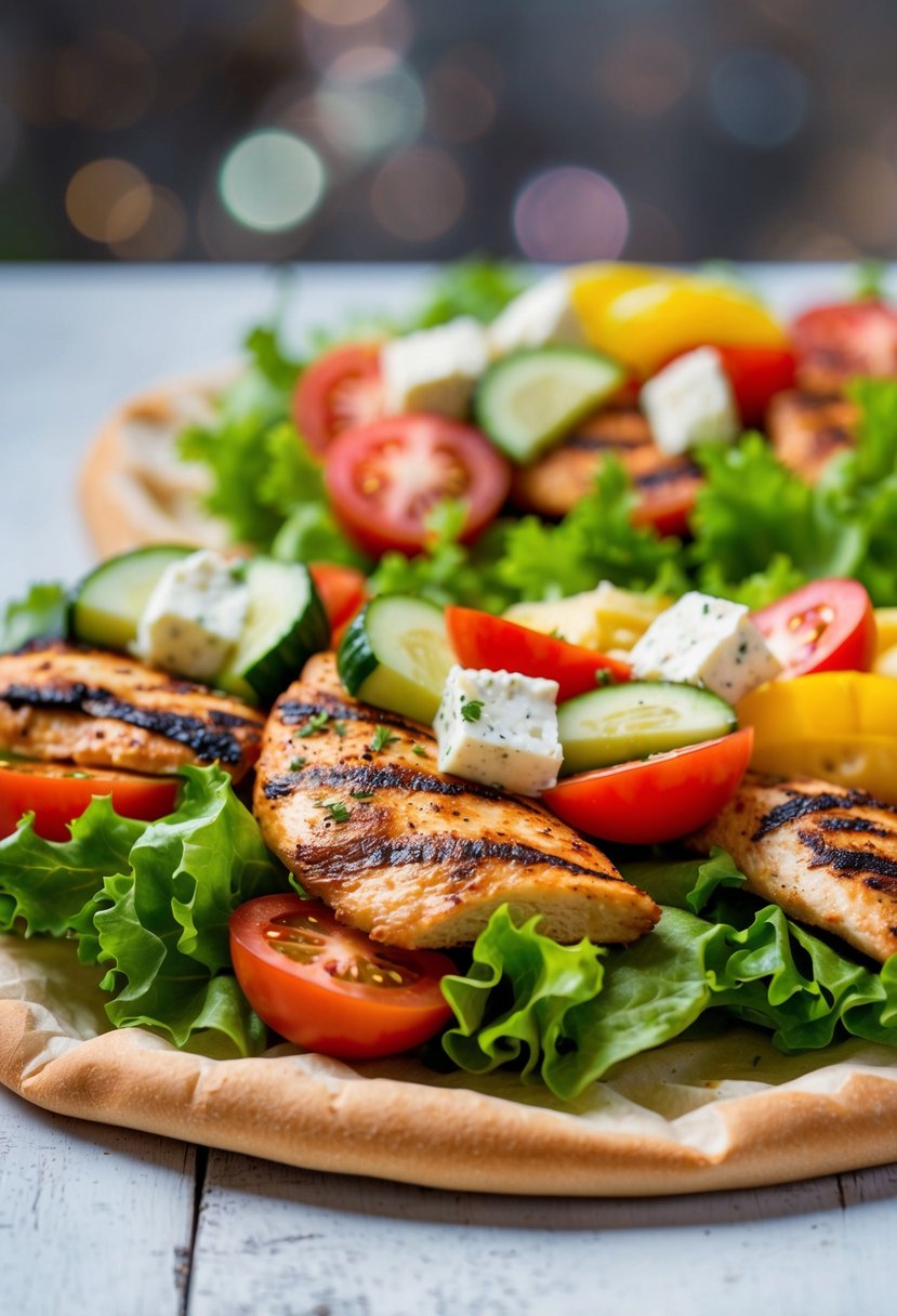 A colorful array of fresh ingredients - grilled chicken, lettuce, tomatoes, cucumbers, and feta cheese - arranged on a warm, soft pita bread