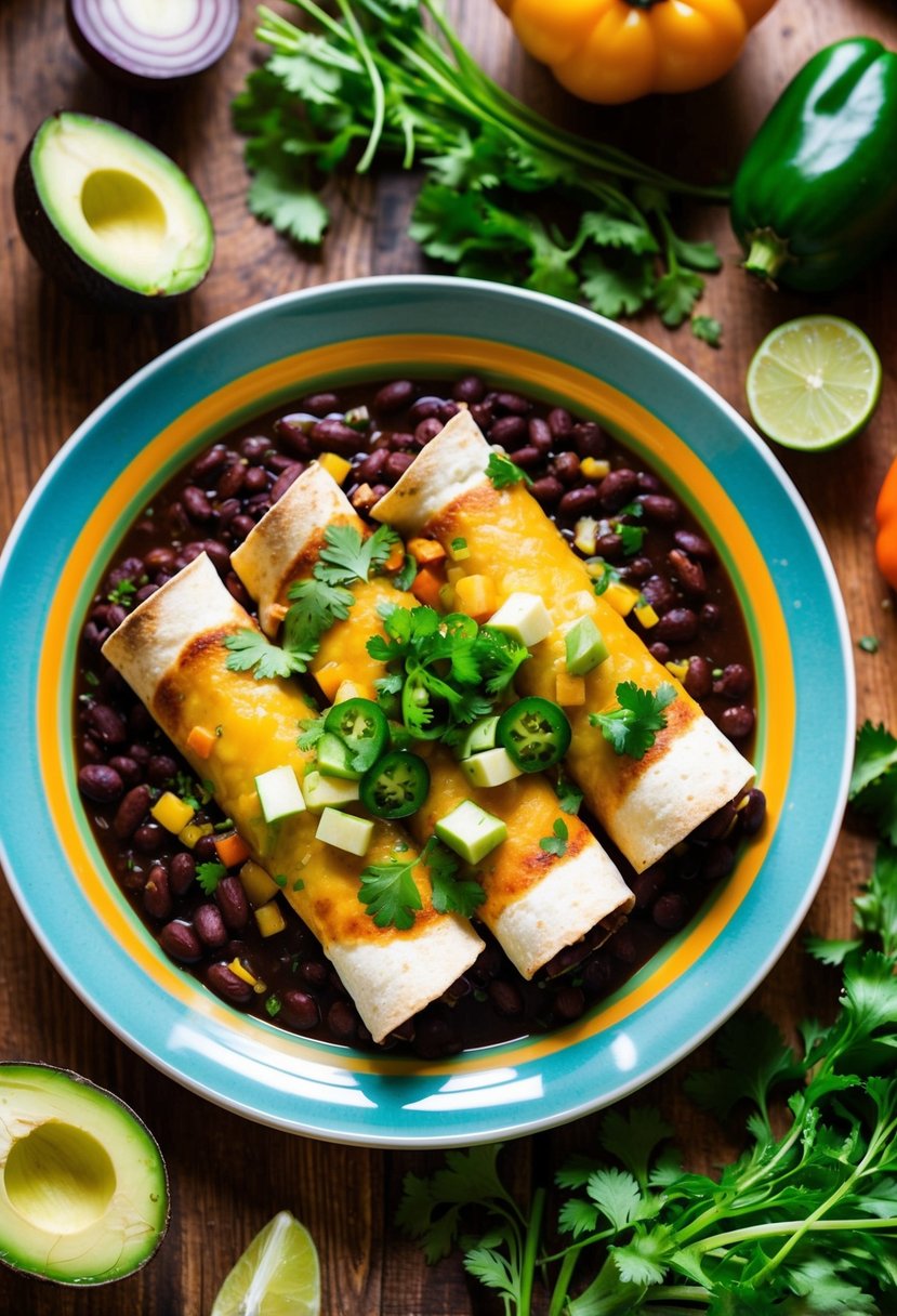 A colorful plate of black bean enchiladas surrounded by fresh vegetables and herbs on a wooden table