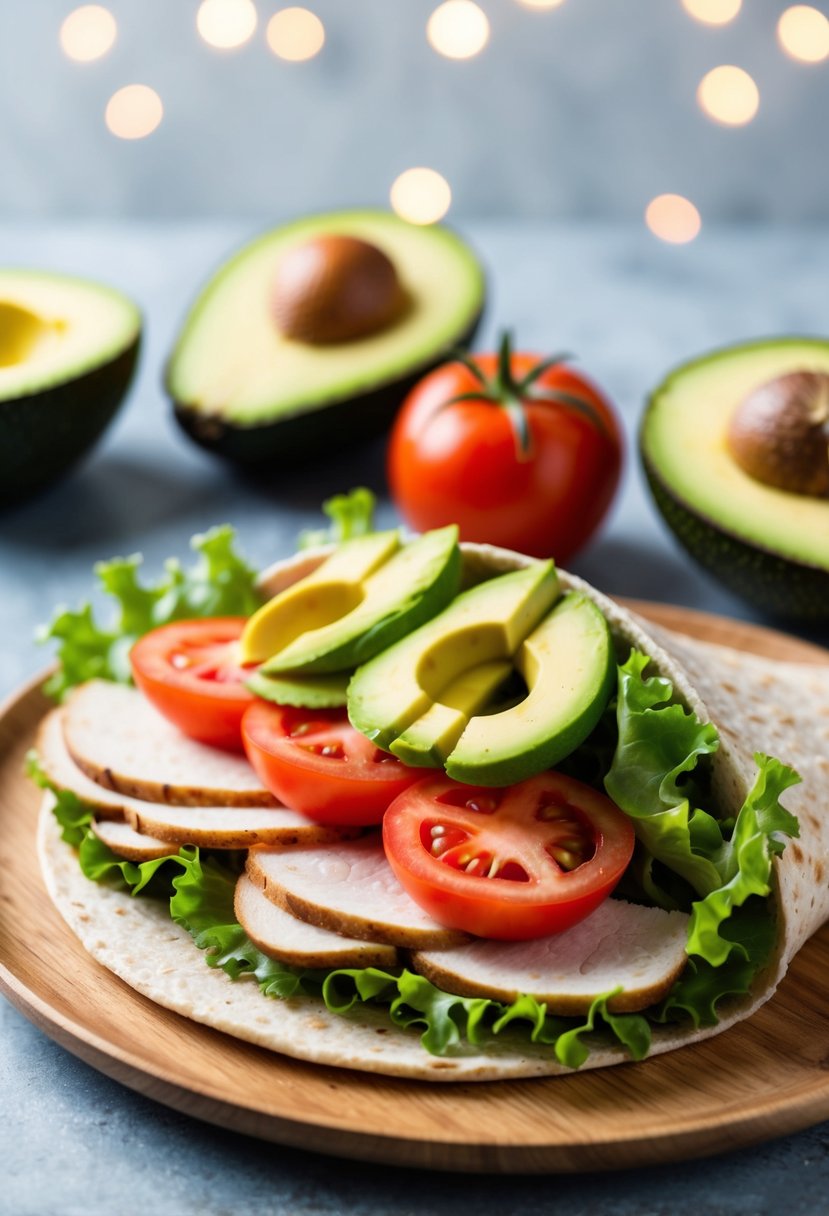 A colorful array of fresh avocado, sliced turkey, lettuce, and tomato arranged on a whole grain wrap