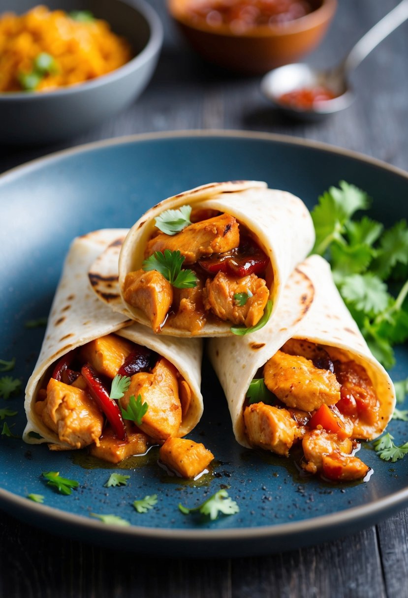 A sizzling chicken wrap with a mix of sweet and spicy ingredients