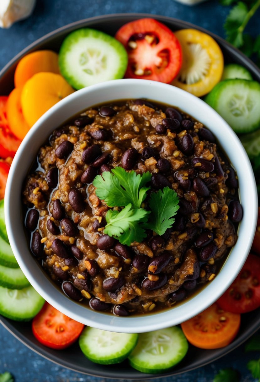 A bowl of garlicky black bean dip surrounded by colorful vegetable slices