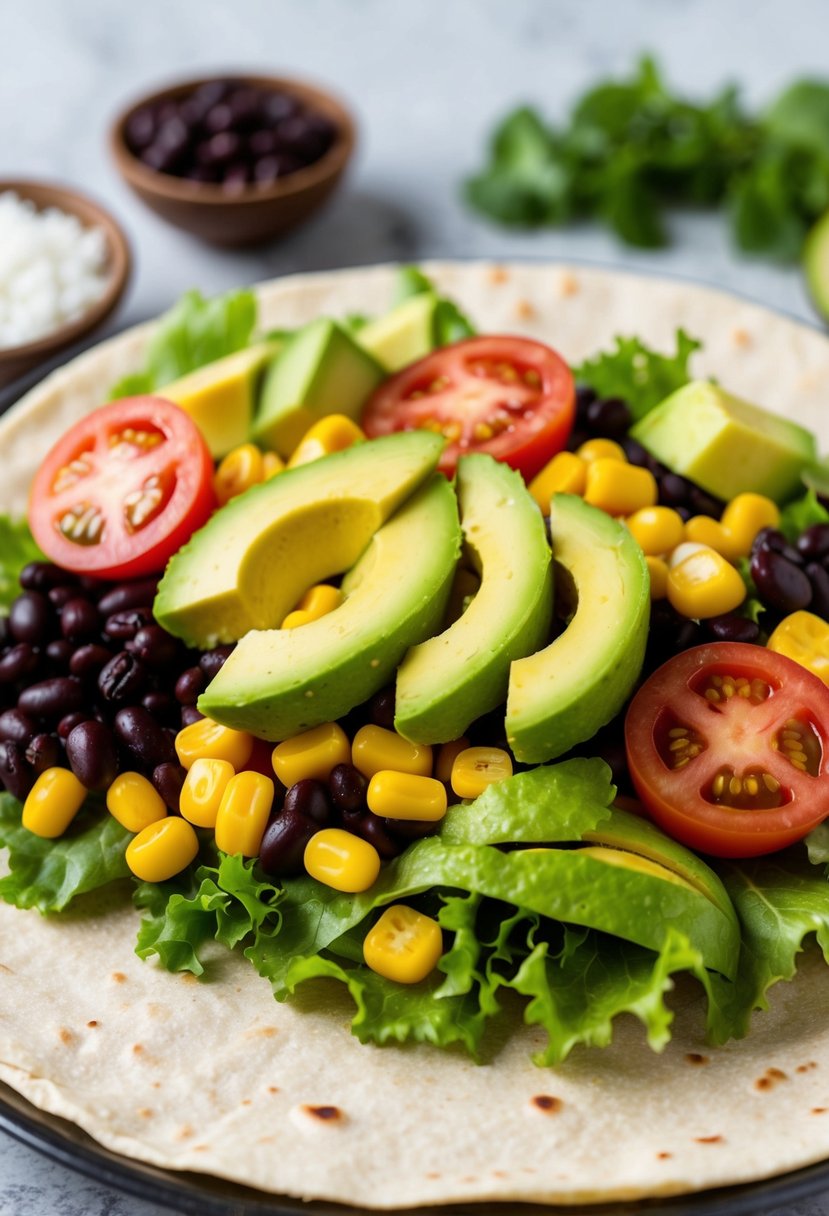 A colorful array of fresh ingredients - black beans, corn, avocado, lettuce, and tomatoes - arranged on a flour tortilla, ready to be wrapped