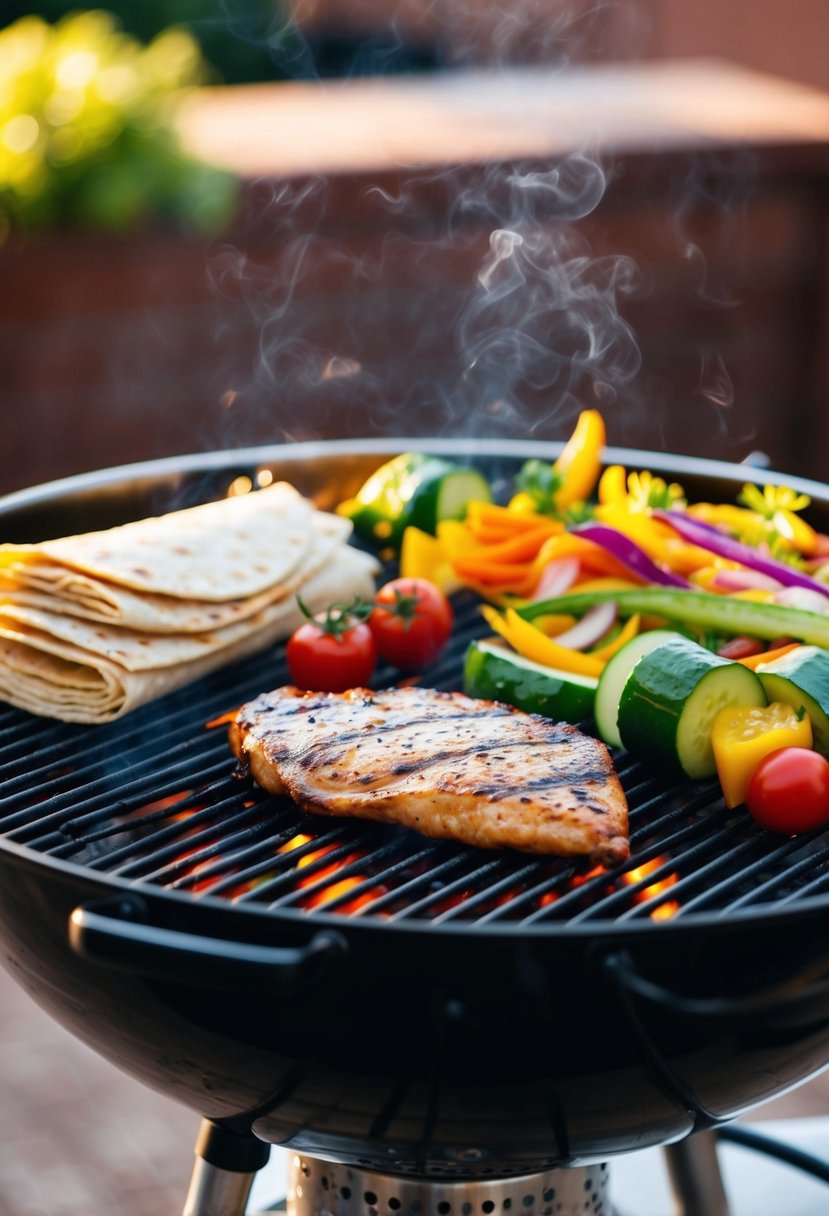 A sizzling BBQ grill with juicy chicken breast, colorful vegetables, and a stack of soft tortillas ready to be filled and rolled into delicious chicken wraps