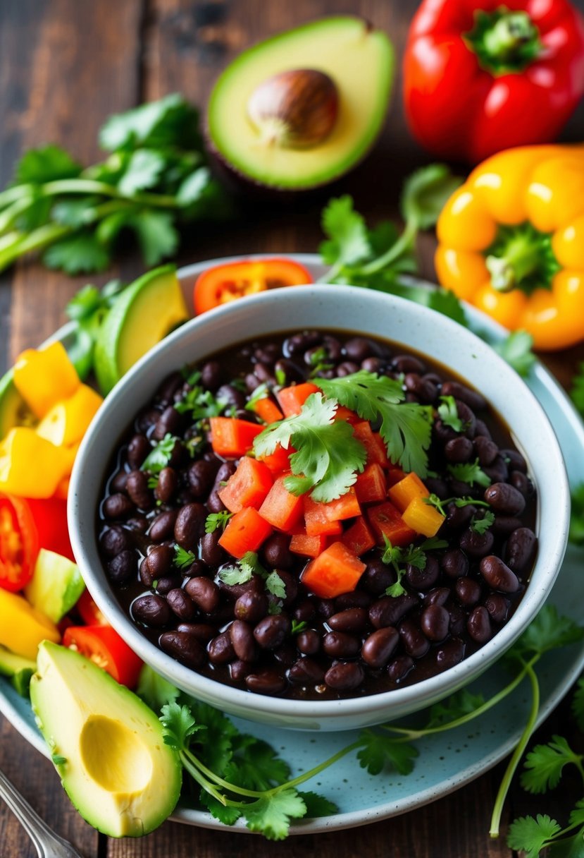 A colorful bowl of Mexican black beans topped with fresh cilantro and diced tomatoes, surrounded by vibrant ingredients like bell peppers and avocado