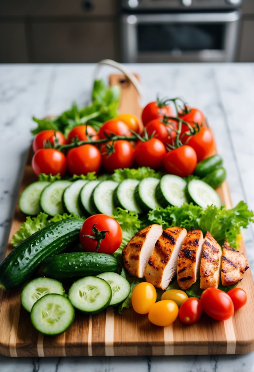 A colorful spread of fresh ingredients - tomatoes, cucumbers, lettuce, and grilled chicken - arranged on a wooden cutting board