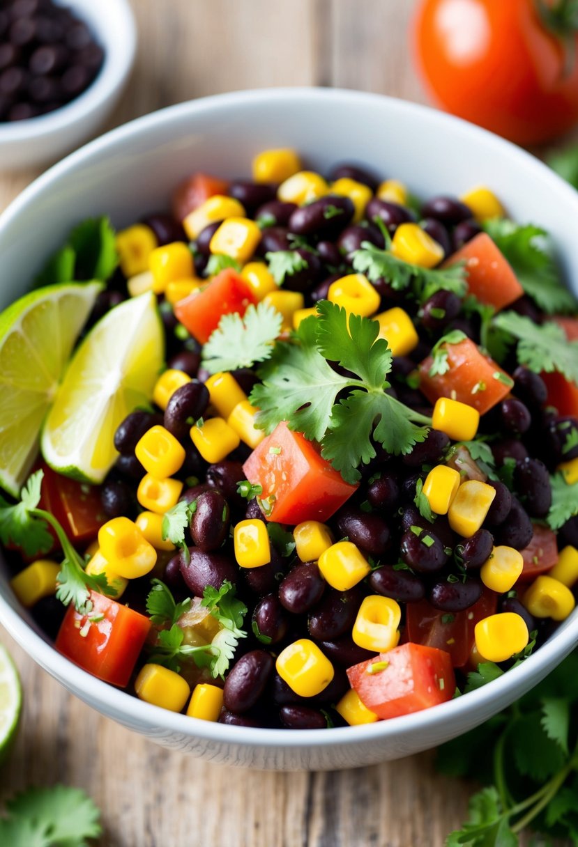 A colorful bowl filled with black beans, diced tomatoes, corn, and cilantro, drizzled with a zesty lime vinaigrette