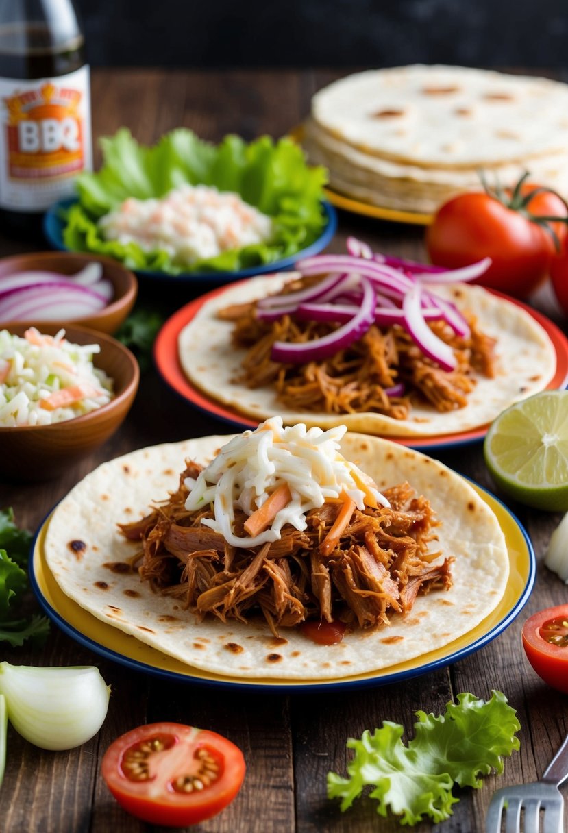 A colorful spread of BBQ pulled pork, coleslaw, and tortilla, surrounded by fresh ingredients like lettuce, tomatoes, and onions