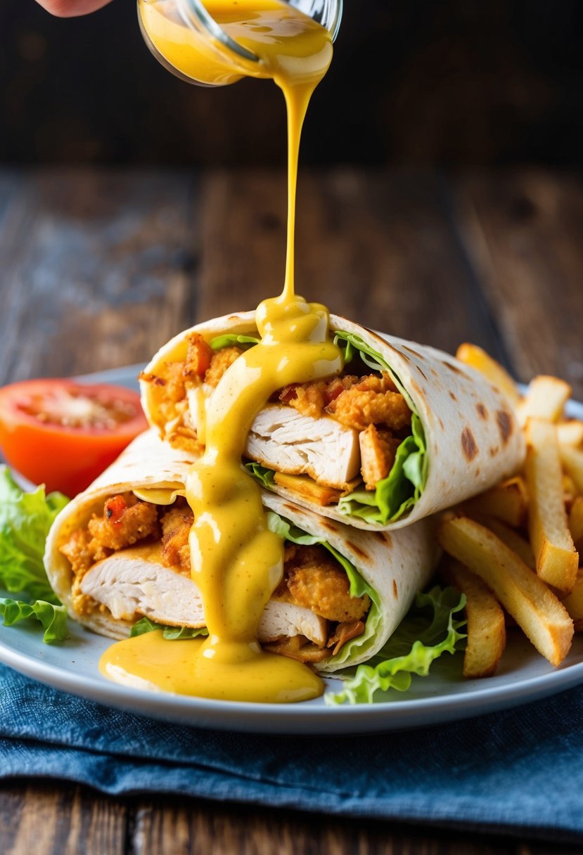 A golden-brown chicken wrap drizzled with honey mustard sauce, surrounded by fresh lettuce, tomatoes, and a side of crispy fries