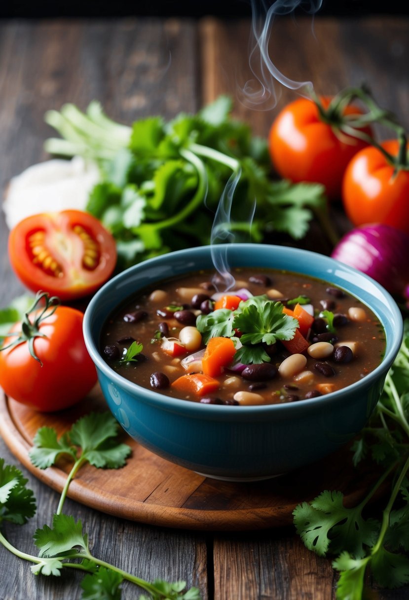 A steaming bowl of black bean soup surrounded by fresh ingredients like tomatoes, onions, and cilantro on a rustic wooden table