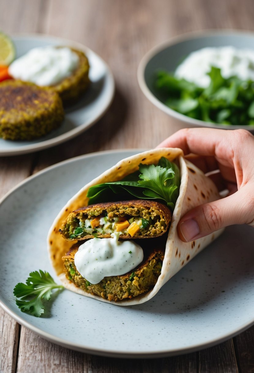 A falafel wrap being assembled with fresh ingredients and a dollop of tzatziki sauce