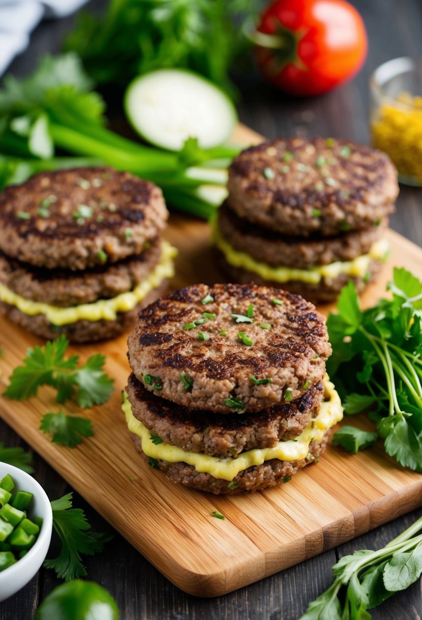 Three black bean burger patties surrounded by fresh vegetables and herbs on a wooden cutting board