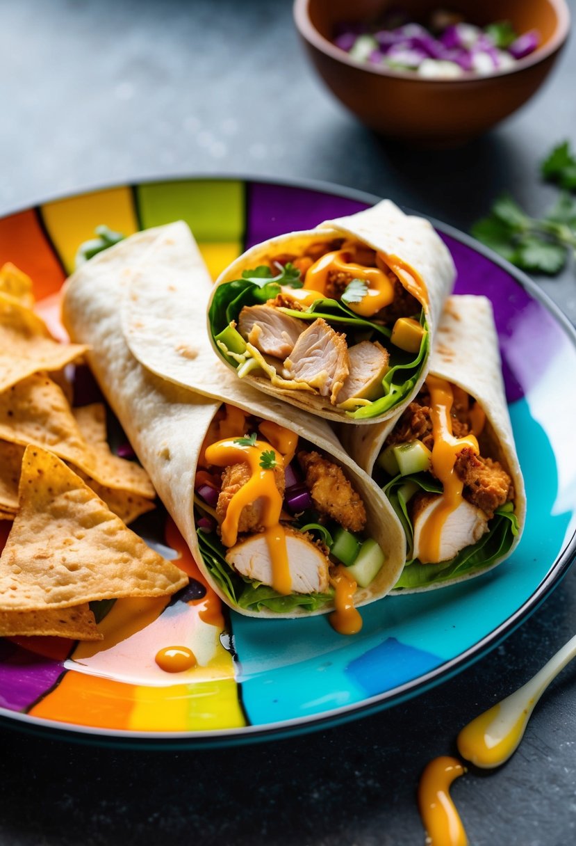 A colorful plate with a Southwestern chicken wrap, filled with crispy chicken, fresh vegetables, and a drizzle of sauce, served alongside a side of crunchy tortilla chips