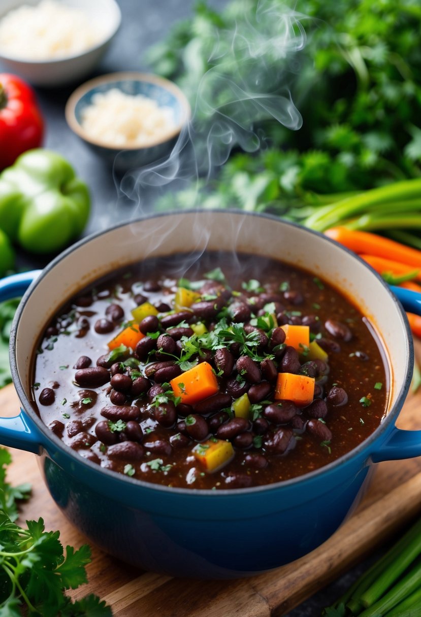 A steaming pot of spicy black bean stew surrounded by colorful vegetables and herbs