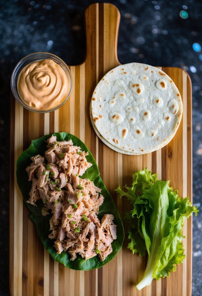 A wooden cutting board with ingredients: tuna, spicy mayo, lettuce, and a tortilla laid out for making a spicy tuna wrap