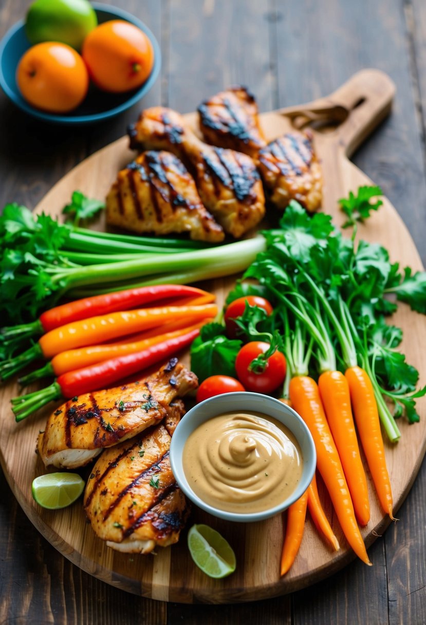 A colorful array of fresh ingredients laid out on a wooden cutting board, including grilled chicken, vibrant vegetables, and a bowl of creamy Thai peanut sauce