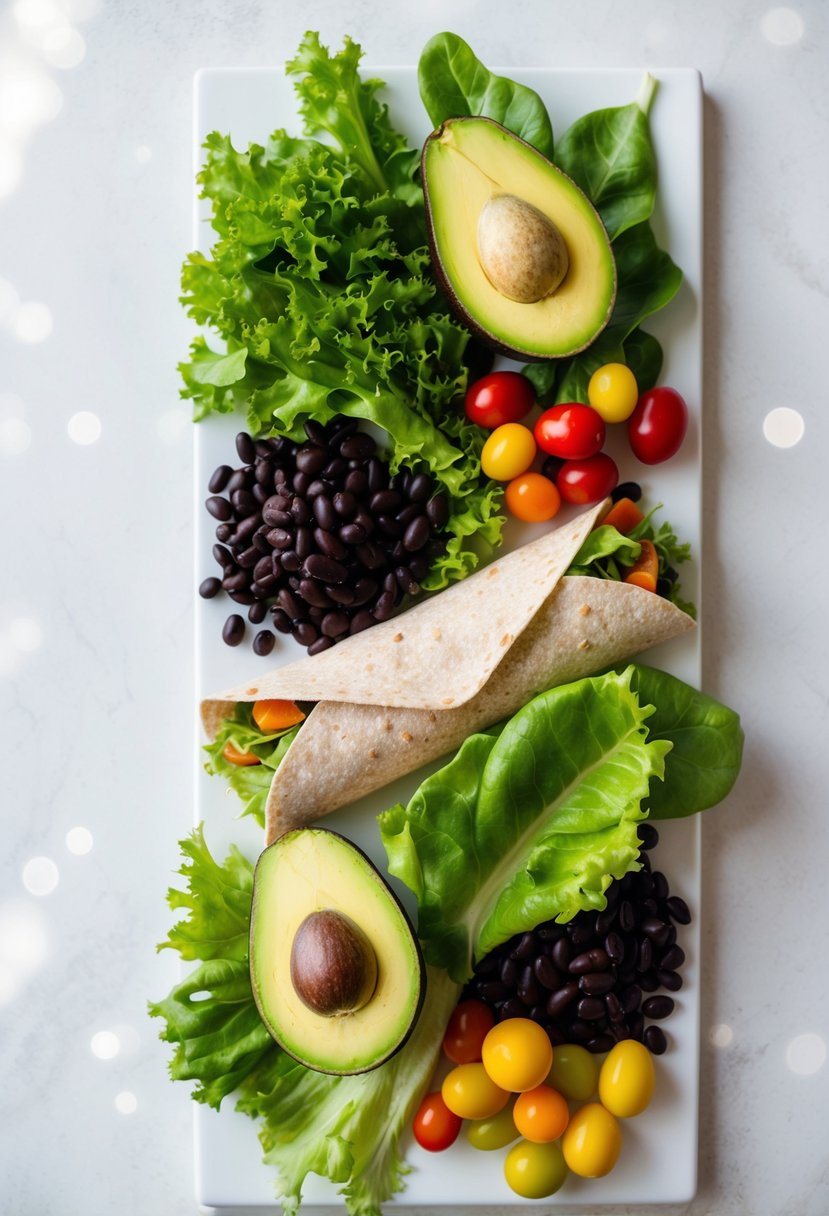 A colorful array of fresh black beans, ripe avocados, vibrant lettuce, and a whole wheat wrap arranged on a clean, white surface