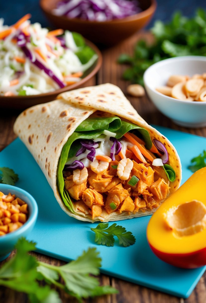 A colorful peanut chicken wrap surrounded by vibrant coleslaw and fresh ingredients