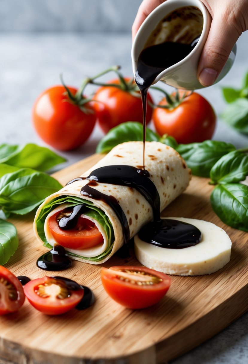 A Caprese wrap with balsamic glaze is being assembled on a wooden cutting board, surrounded by fresh basil leaves, ripe tomatoes, mozzarella cheese, and a drizzling of balsamic glaze