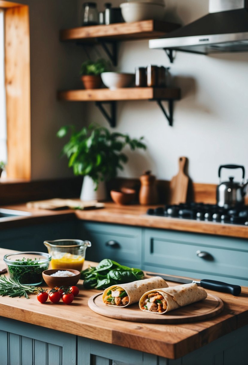 A rustic kitchen counter with ingredients and tools for making Italian Chicken Wraps