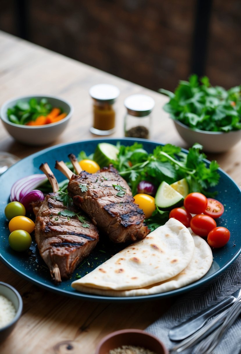 A table set with ingredients: grilled lamb, fresh vegetables, pita bread, and assorted spices for making Mediterranean lamb wraps