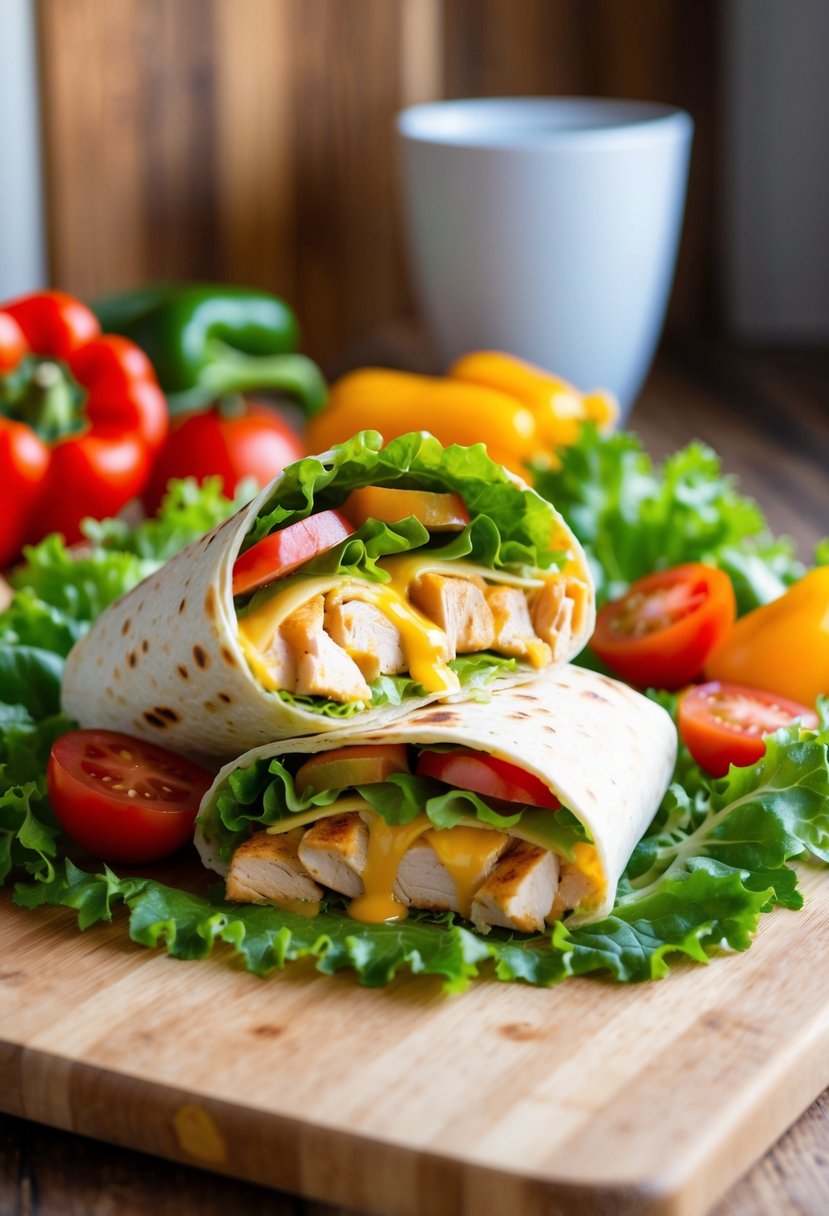 A sizzling grilled chicken and cheese wrap surrounded by vibrant lettuce, tomatoes, and peppers on a clean, wooden cutting board