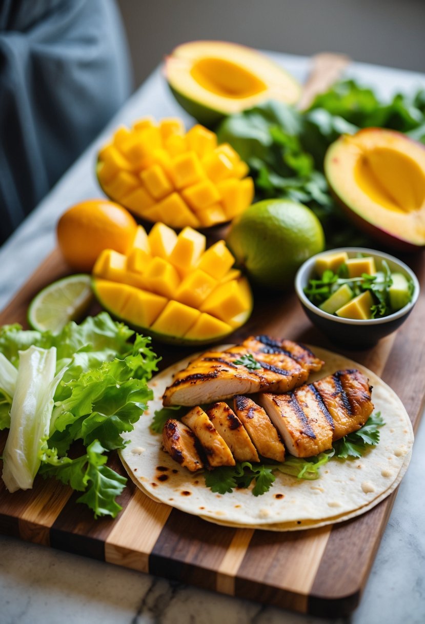 A colorful array of fresh mango, grilled chicken, lettuce, and tortilla wrap ingredients on a wooden cutting board