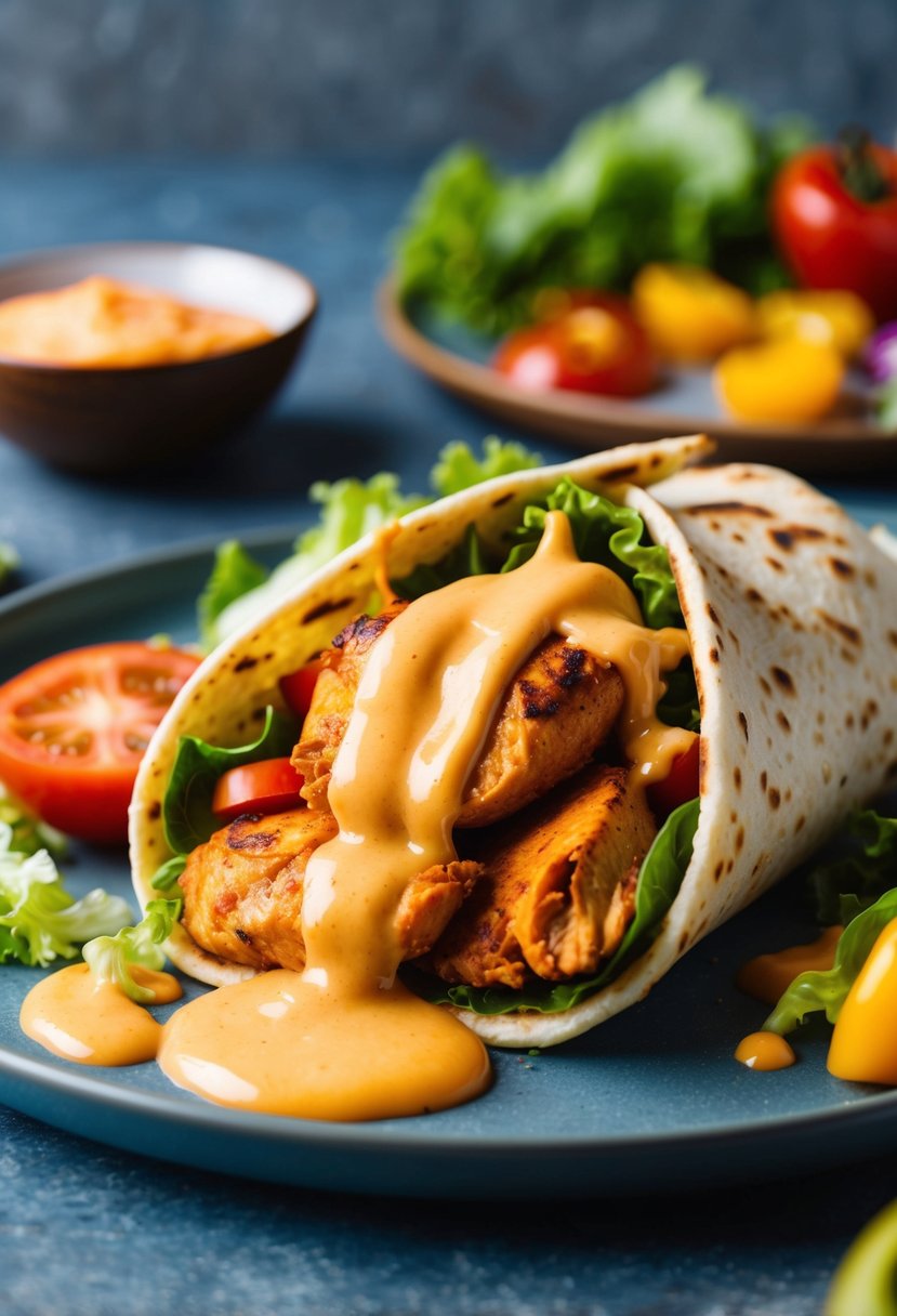 A sizzling spicy chicken wrap drizzled with creamy sauce, surrounded by colorful ingredients like lettuce, tomatoes, and peppers