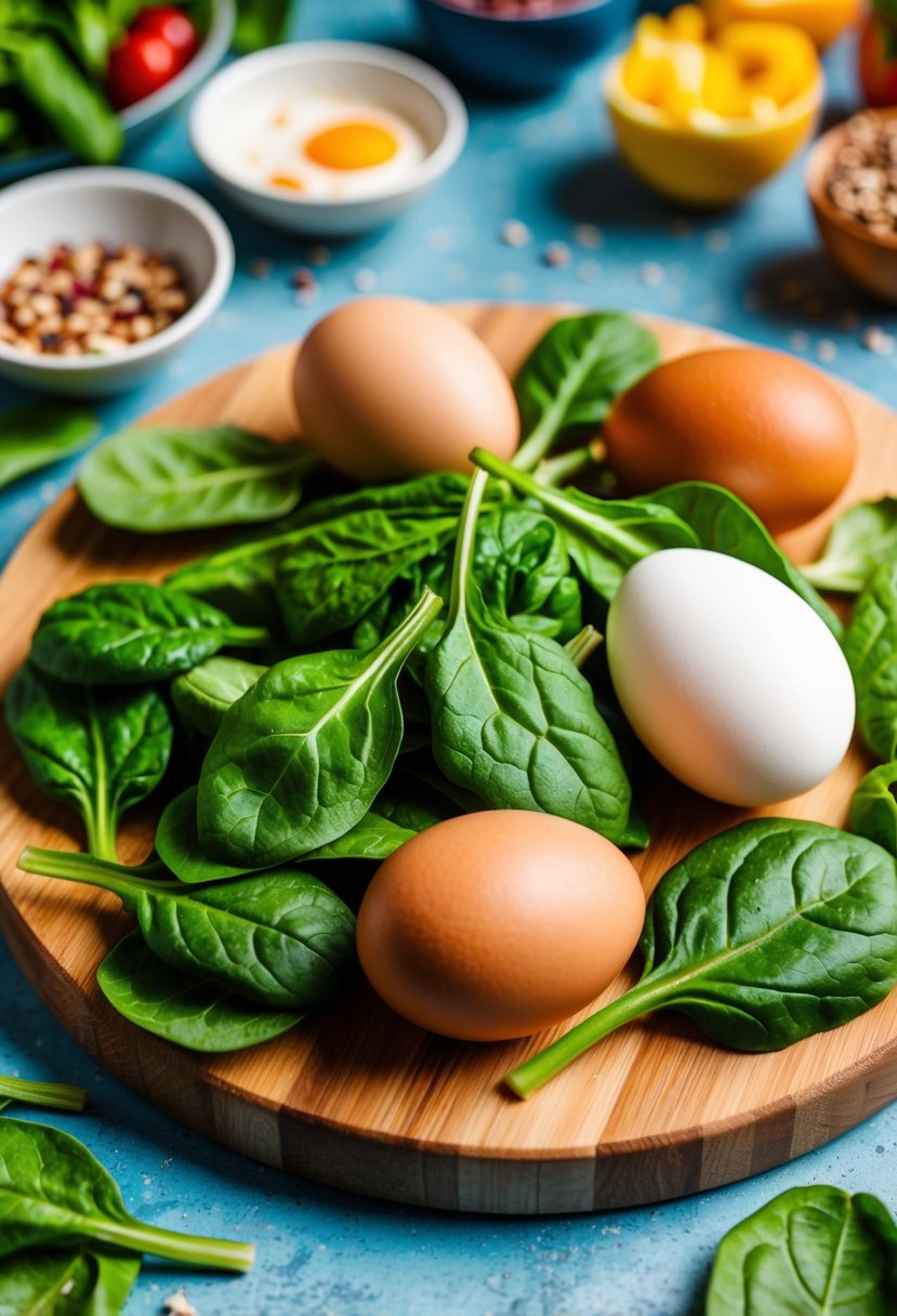 A colorful array of fresh spinach leaves and whole eggs arranged on a wooden cutting board, surrounded by vibrant ingredients for a breakfast wrap