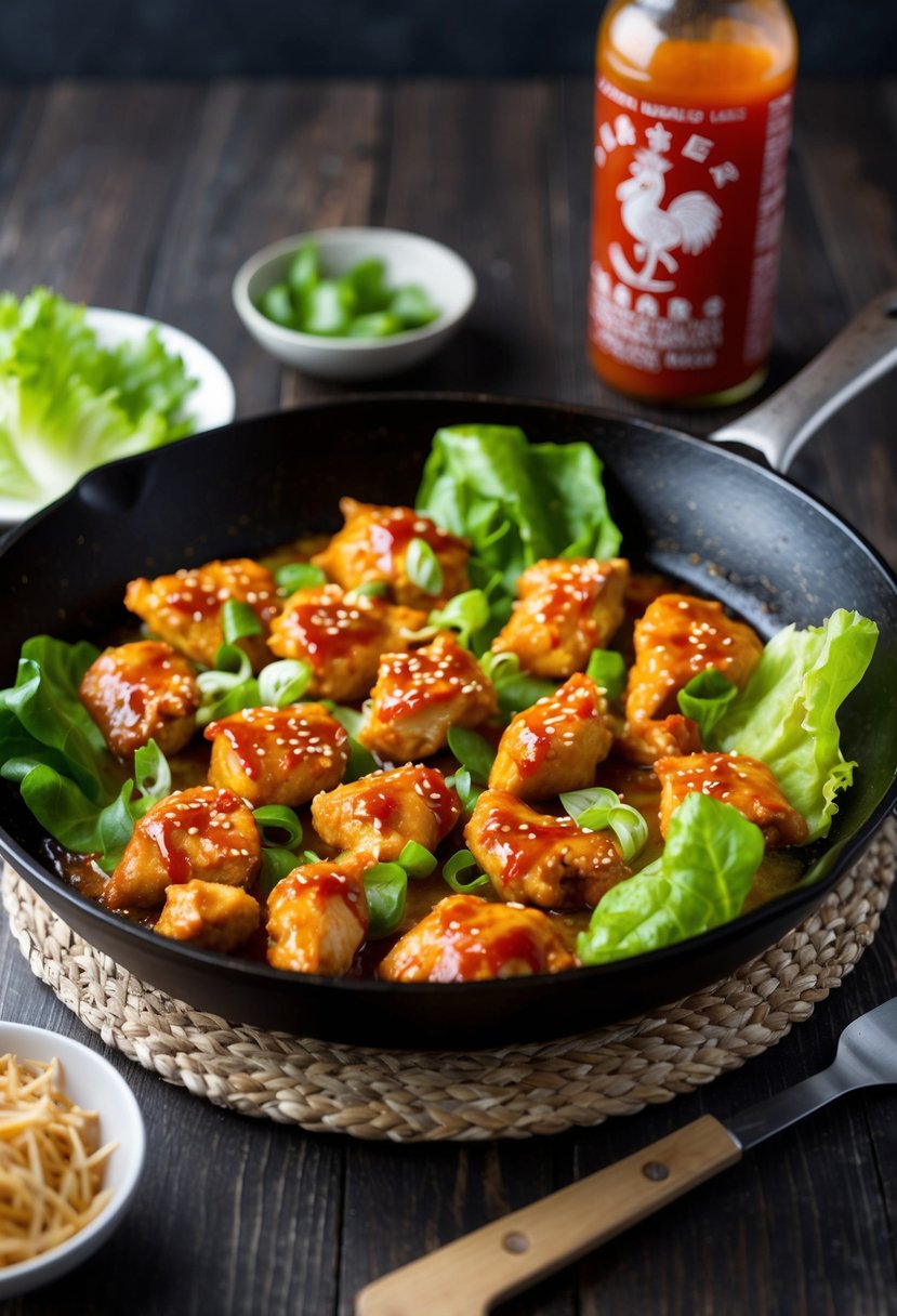 A sizzling skillet of Sriracha chicken and fresh lettuce leaves ready to be wrapped